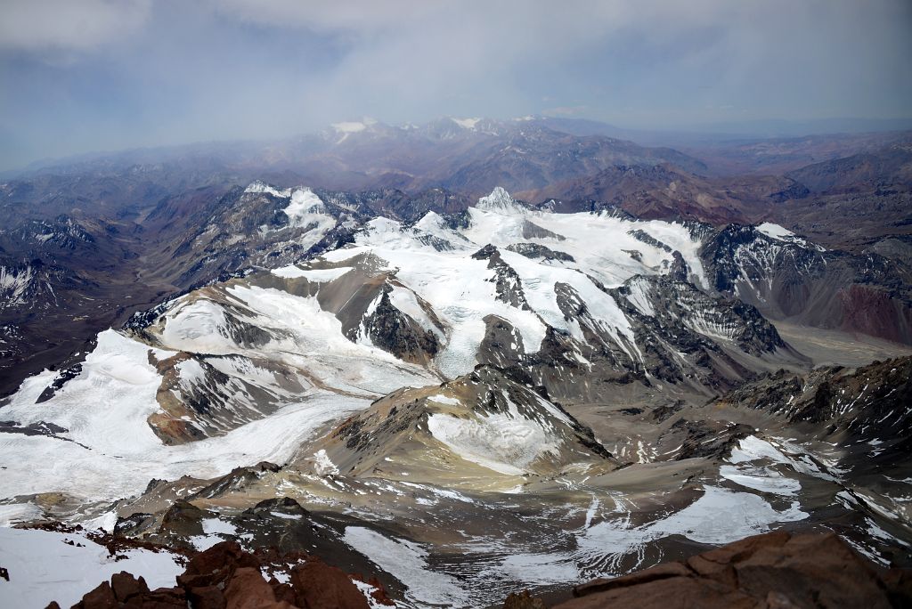 48 Cerro Bonete del Norte, Cerro Zurbriggen, Cupola de Gussfeldt, Cerro Reichert, La Mano, Cerro Link, Cerro Fitzgerald With Mercedario And Ramada On Horizon From Aconcagua Summit 6962m